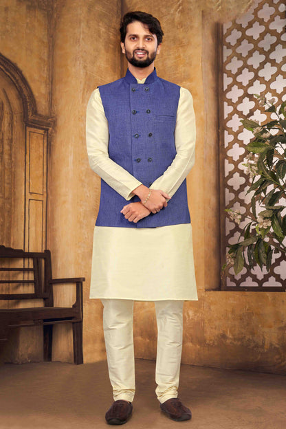 Cream Colour Kurta Pajama With Jacket In Silk VSKP1210451