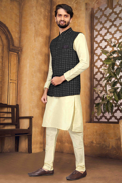 Cream Colour Kurta Pajama With Jacket In Silk VSKP1210452