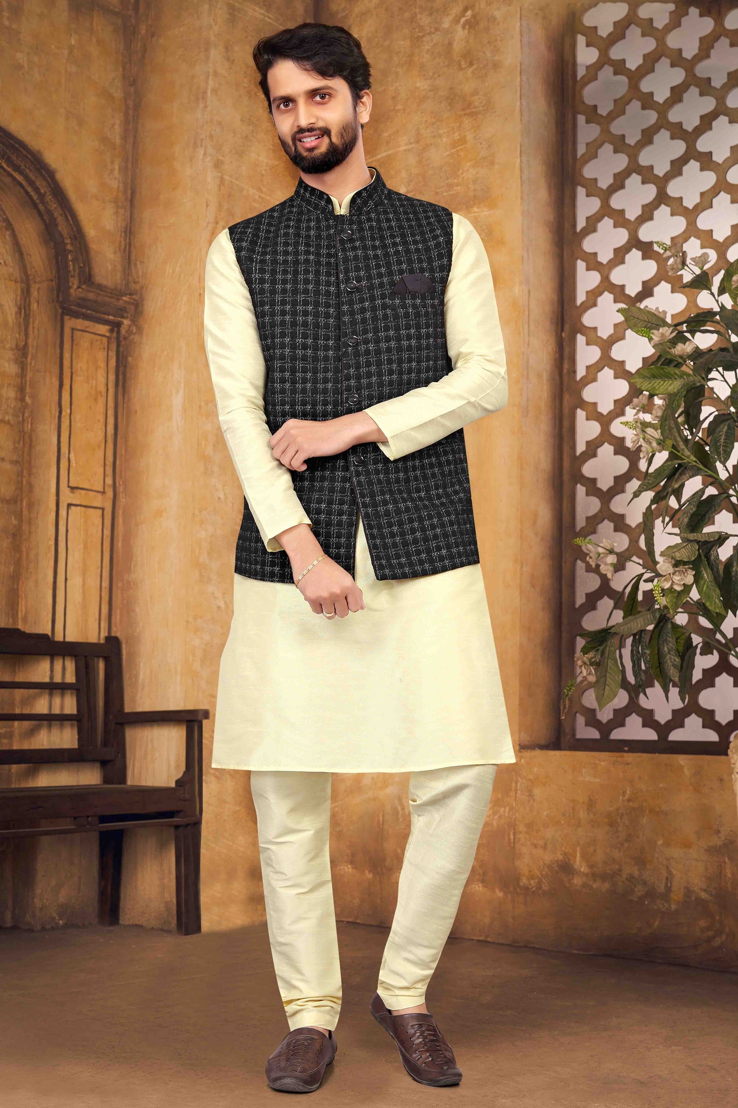Cream Colour Kurta Pajama With Jacket In Silk VSKP1210452