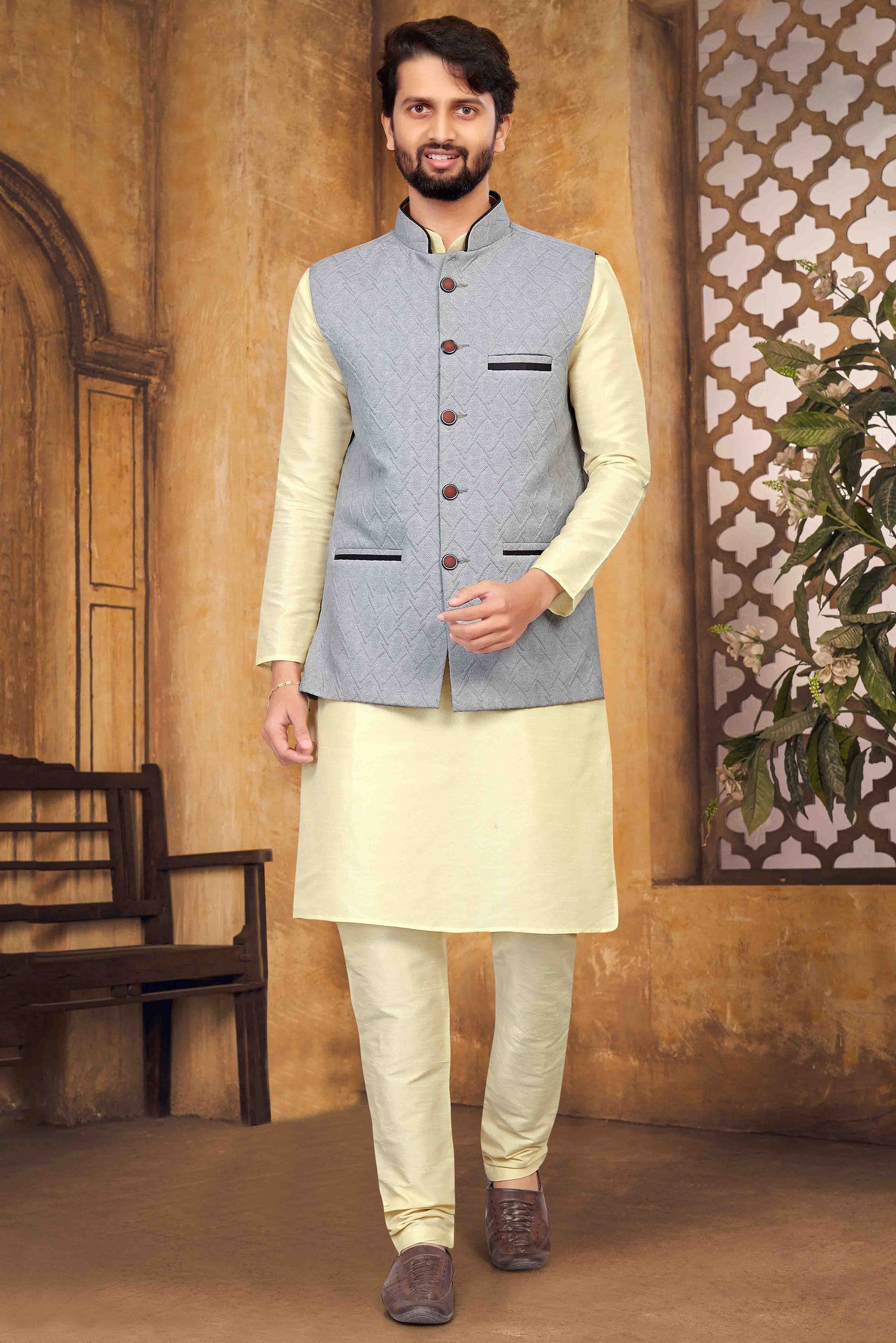 Cream Colour Kurta Pajama With Jacket In Silk VSKP1210453