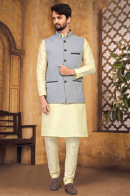 Cream Colour Kurta Pajama With Jacket In Silk VSKP1210453