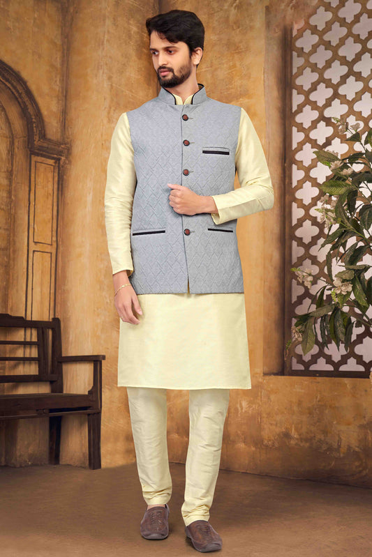 Cream Colour Kurta Pajama With Jacket In Silk VSKP1210453
