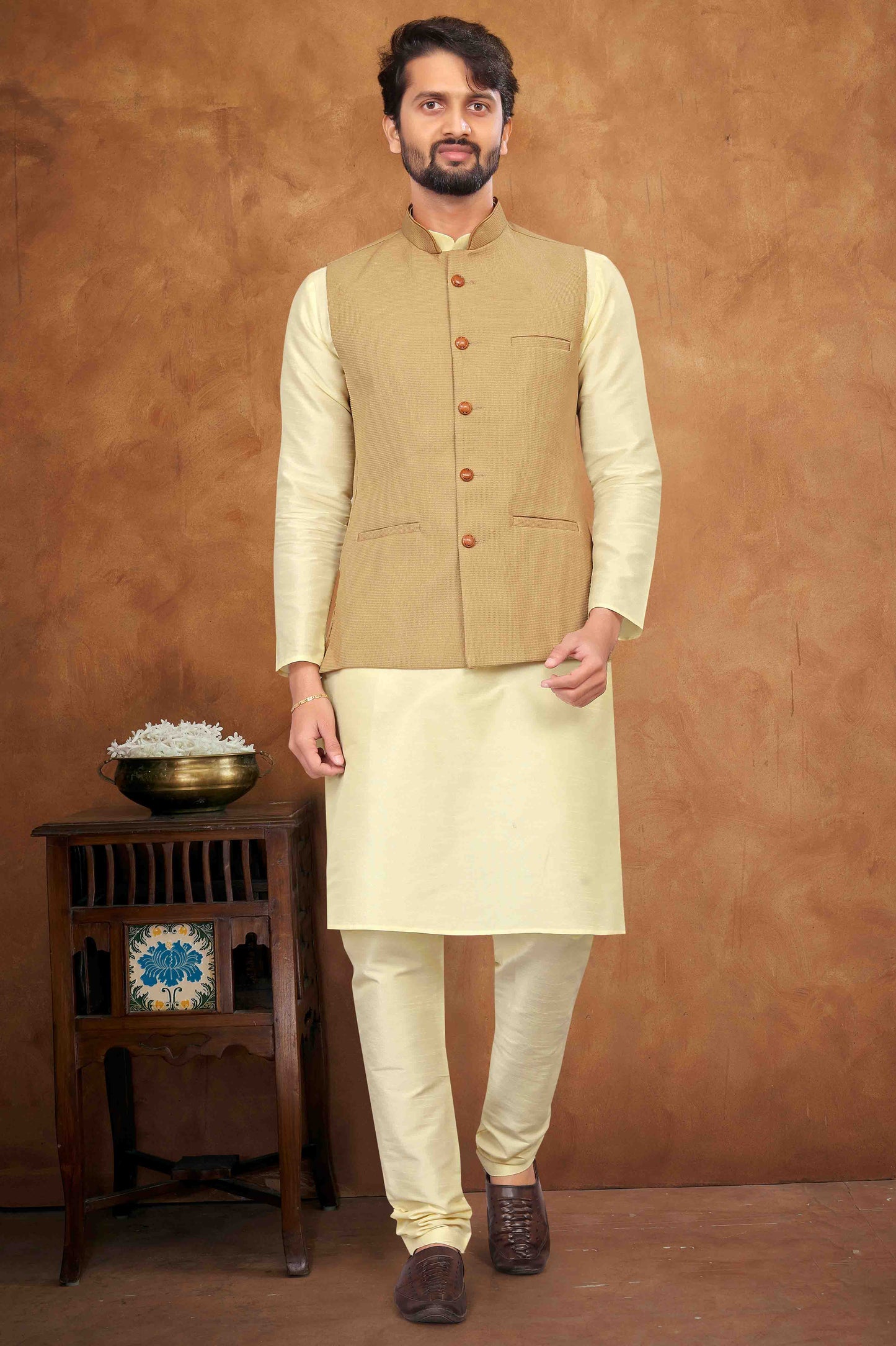 Cream Colour Kurta Pajama With Jacket In Silk VSKP1210454