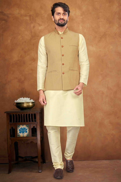 Cream Colour Kurta Pajama With Jacket In Silk VSKP1210454