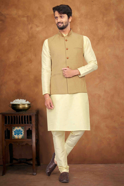 Cream Colour Kurta Pajama With Jacket In Silk VSKP1210454