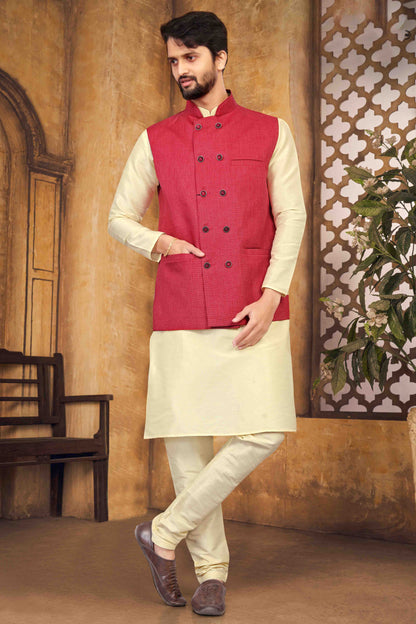 Cream Colour Kurta Pajama With Jacket In Silk VSKP1210455