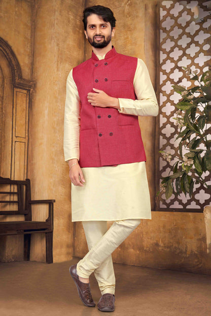 Cream Colour Kurta Pajama With Jacket In Silk VSKP1210455