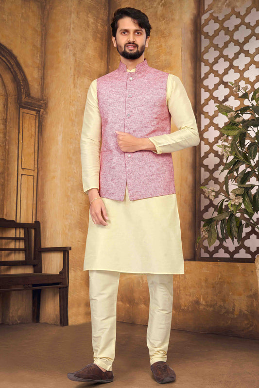 Cream Colour Kurta Pajama With Jacket In Silk VSKP1210456
