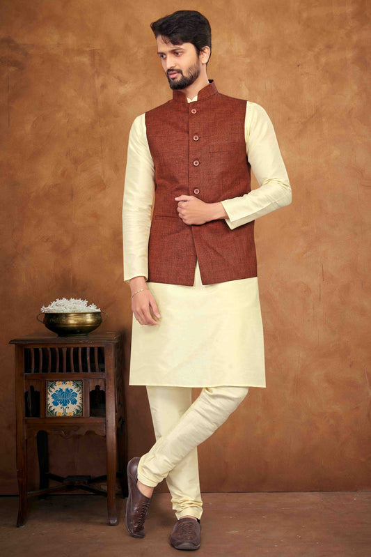 Cream Colour Kurta Pajama With Jacket In Silk VSKP1210457