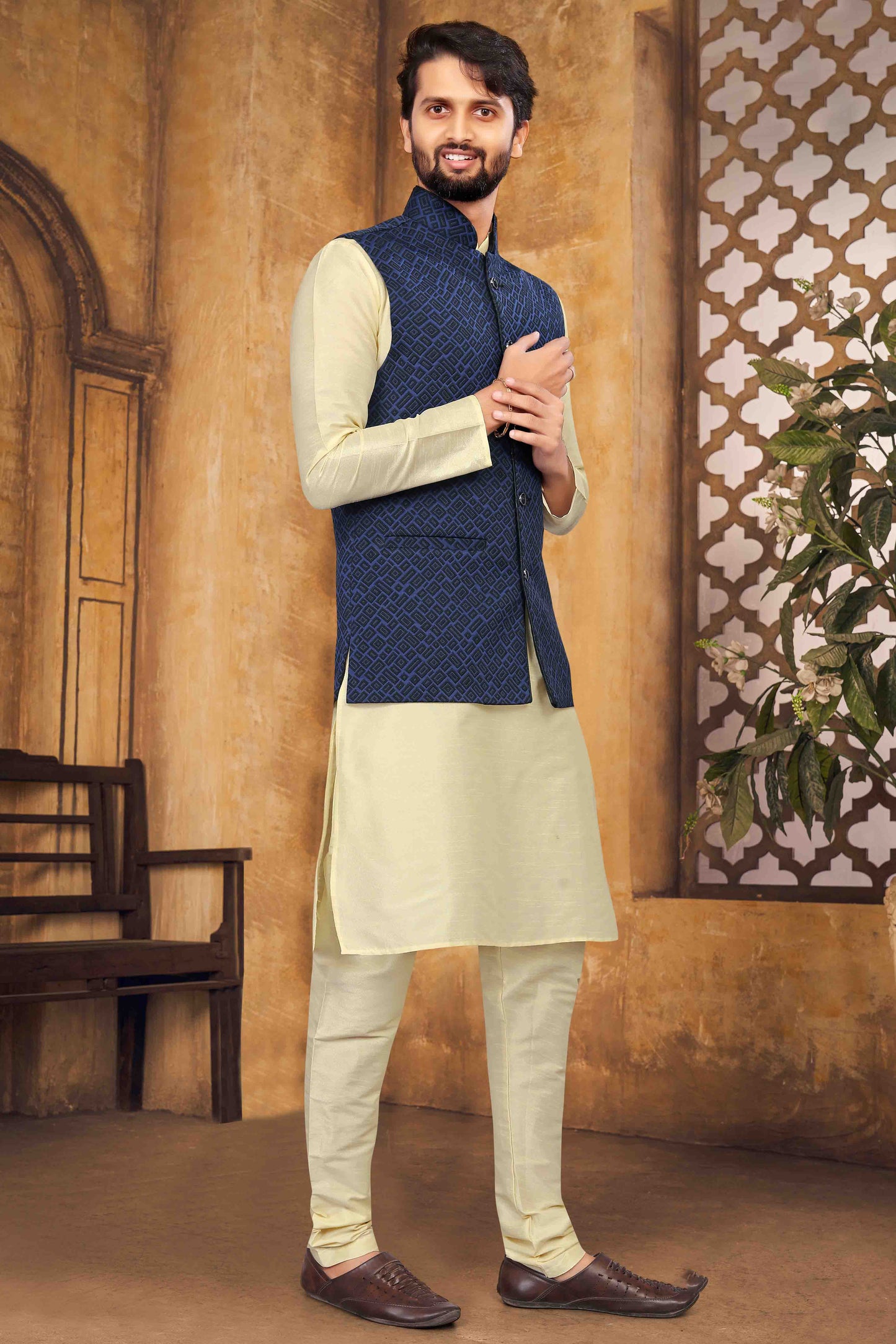 Cream Colour Kurta Pajama With Jacket In Silk VSKP1210458