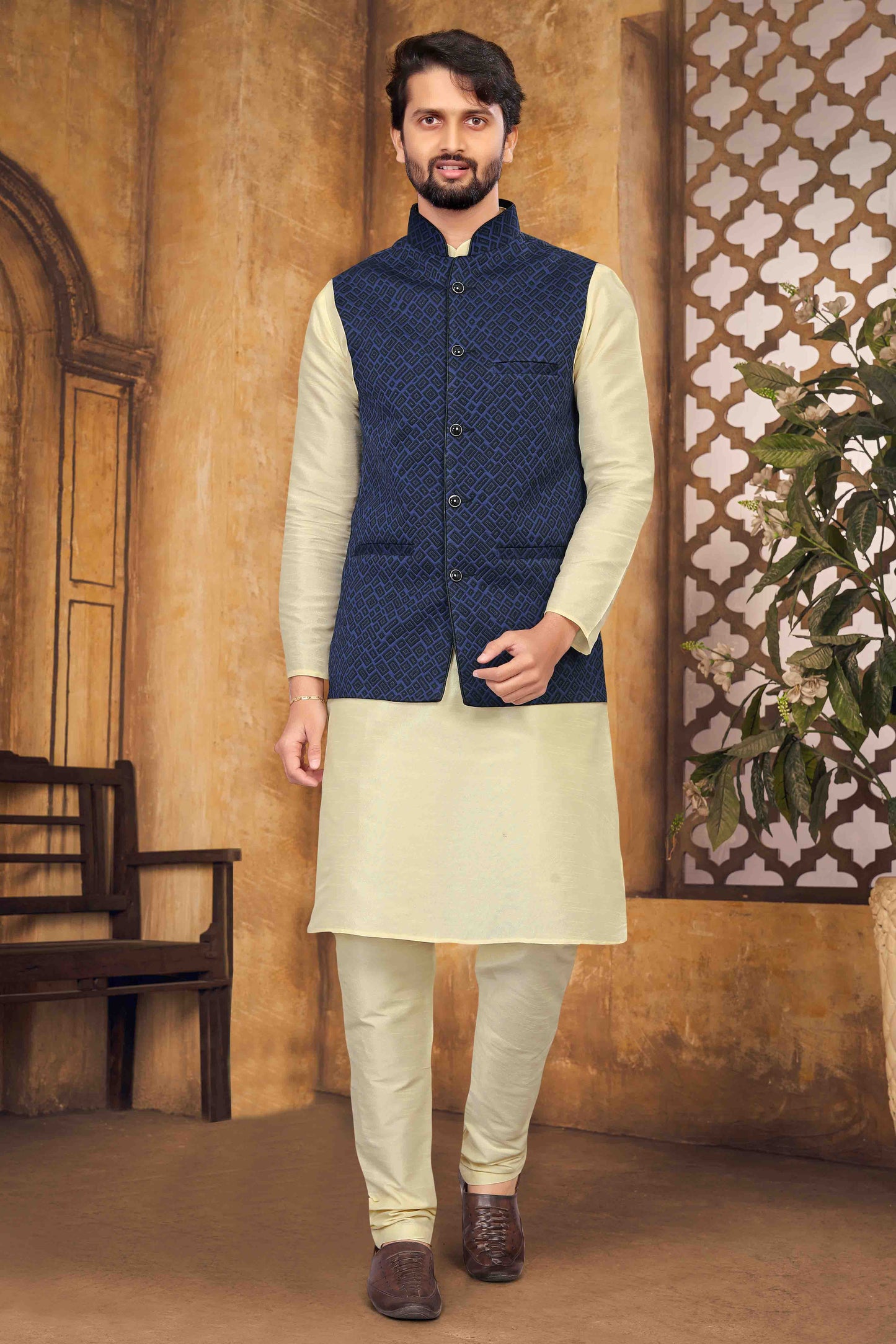 Cream Colour Kurta Pajama With Jacket In Silk VSKP1210458