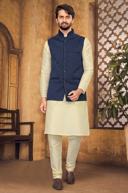 Cream Colour Kurta Pajama With Jacket In Silk VSKP1210458