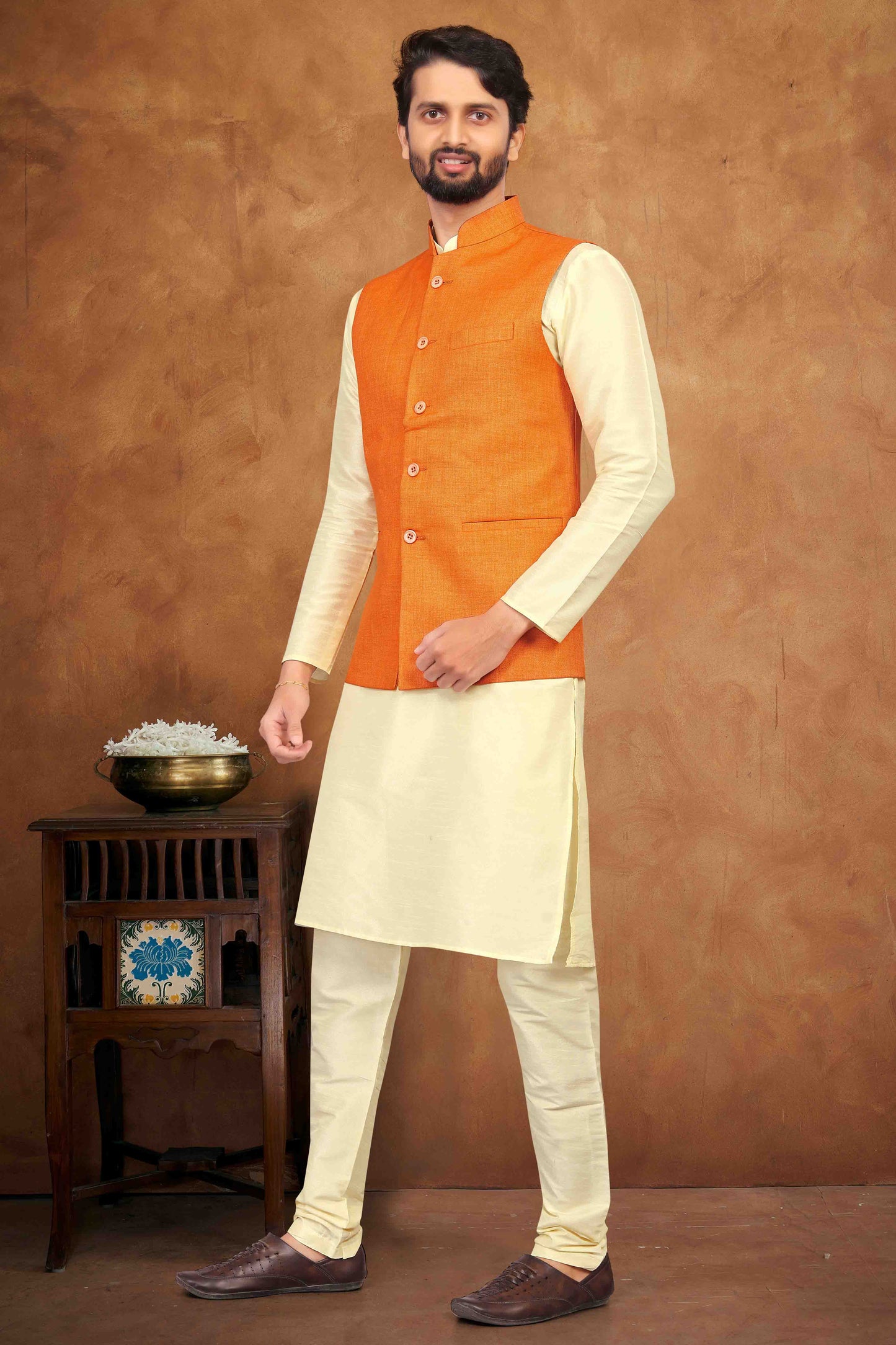 Cream Colour Kurta Pajama With Jacket In Silk VSKP1210459