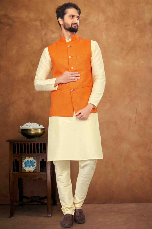 Cream Colour Kurta Pajama With Jacket In Silk VSKP1210459