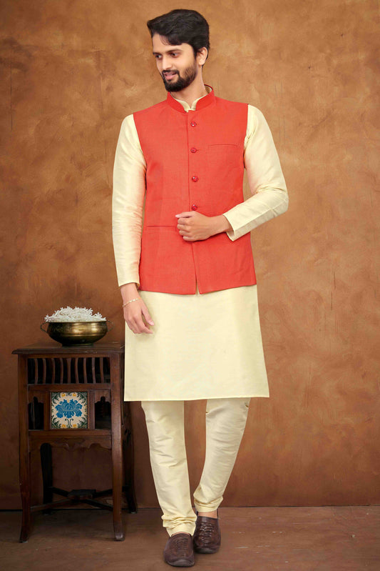 Cream Colour Kurta Pajama With Jacket In Silk VSKP1210460
