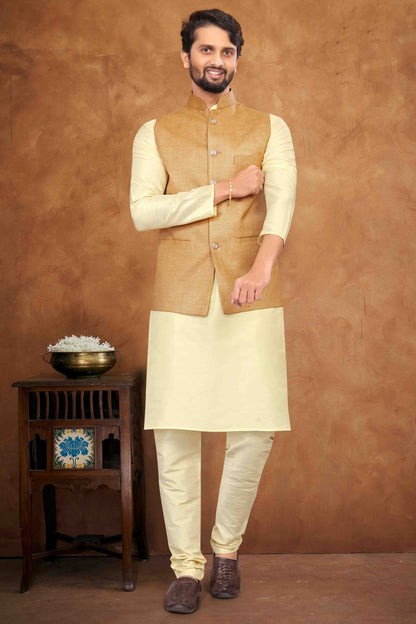 Cream Colour Kurta Pajama With Jacket In Silk VSKP1210461