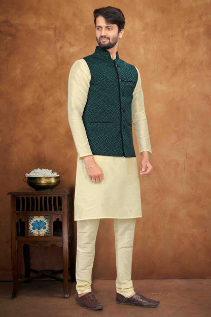 Cream Colour Kurta Pajama With Jacket In Silk VSKP1210462