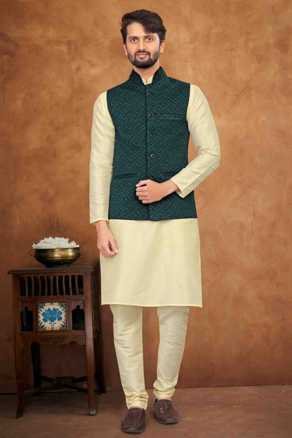 Cream Colour Kurta Pajama With Jacket In Silk VSKP1210462
