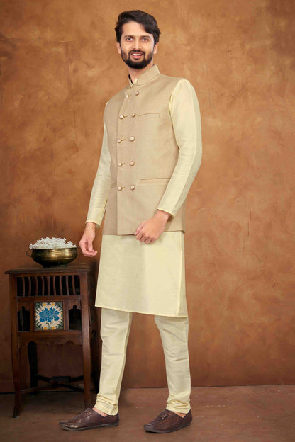 Cream Colour Kurta Pajama With Jacket In Silk VSKP1210463
