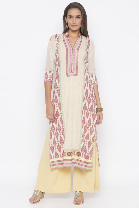 Cream Colour Plus Size Cotton Embroidery Kurta Set VSKR1070549