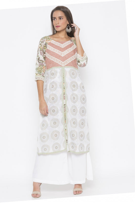 Cream Colour Plus Size Cotton Embroidery Kurti VSKR1070595