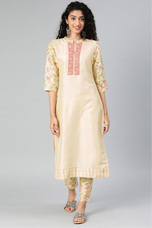 Cream Colour Plus Size Poly Silk Kurta Set VSKR1060131