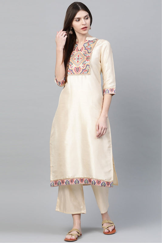 Cream Colour Plus Size Poly Silk Straight Kurta Palazzo Set VSKR1060013