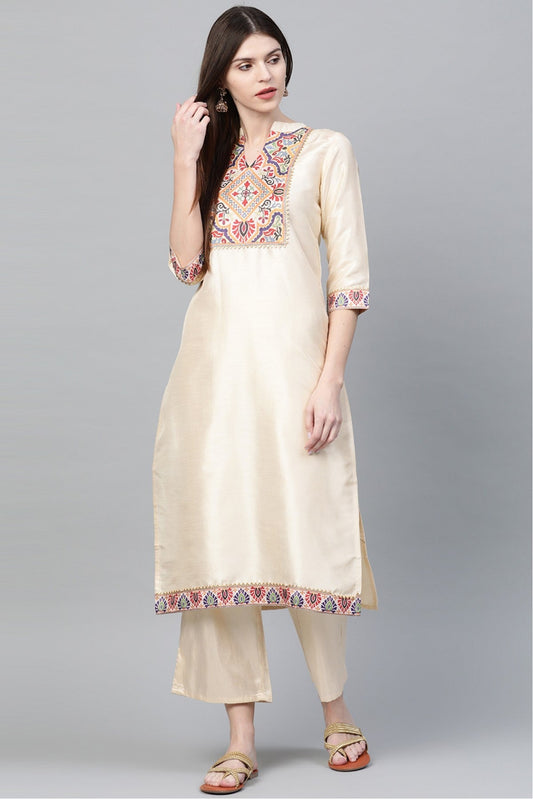 Cream Colour Plus Size Poly Silk Straight Kurti VSKR1060221