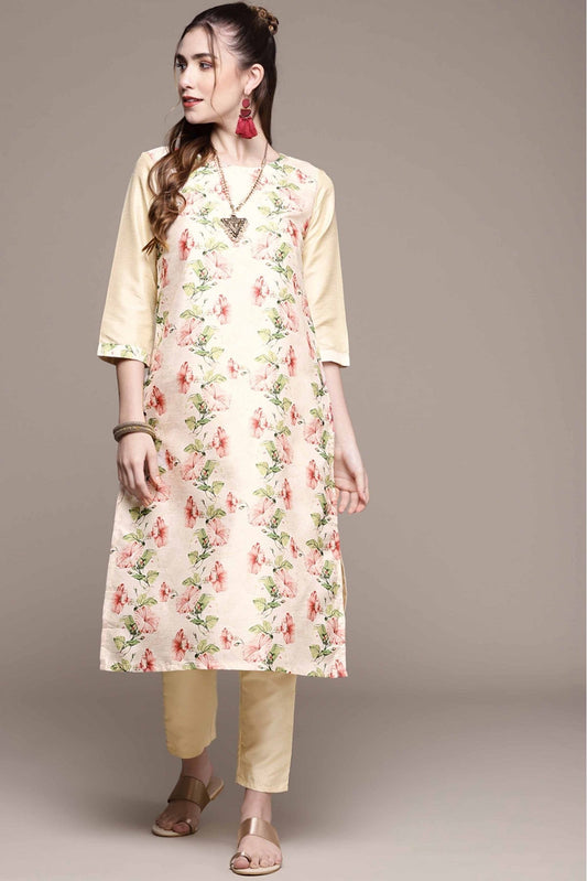 Cream Colour Poly Silk Digital Print Kurta With Pant VSKR1060152