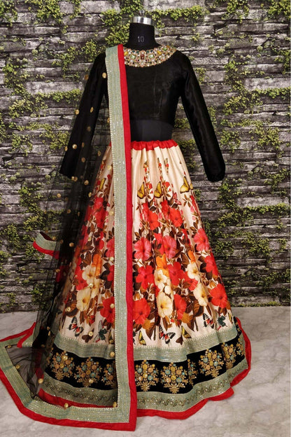 Cream and Black Colour Art Silk Lehenga Choli VSLC1010006