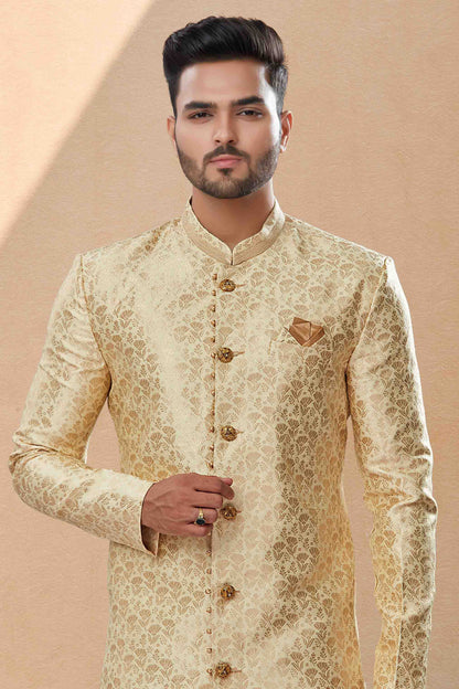 Cream and Gold Colour Dhoti Sherwani In Banarasi Jacquard Fabric VSSH1040406