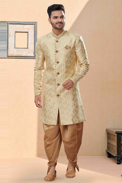 Cream and Gold Colour Dhoti Sherwani In Banarasi Jacquard Fabric VSSH1040406