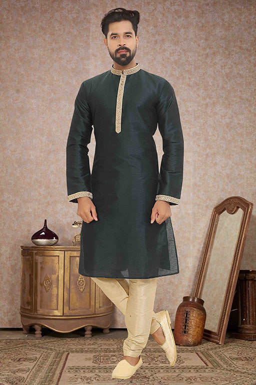 Dark Green Colour Kurta Pajama In Dupion Silk VSKP1210136