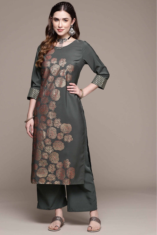 Dark Grey Colour Crepe Foil Print Kurta With Palazzo VSKR1060021