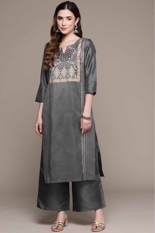 Dark Grey Colour Poly Silk Foil Print Kurta With Palazzo VSKR1060028