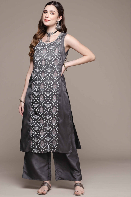 Dark Grey Colour Poly Silk Printed Kurta With Palazzo VSKR1060024