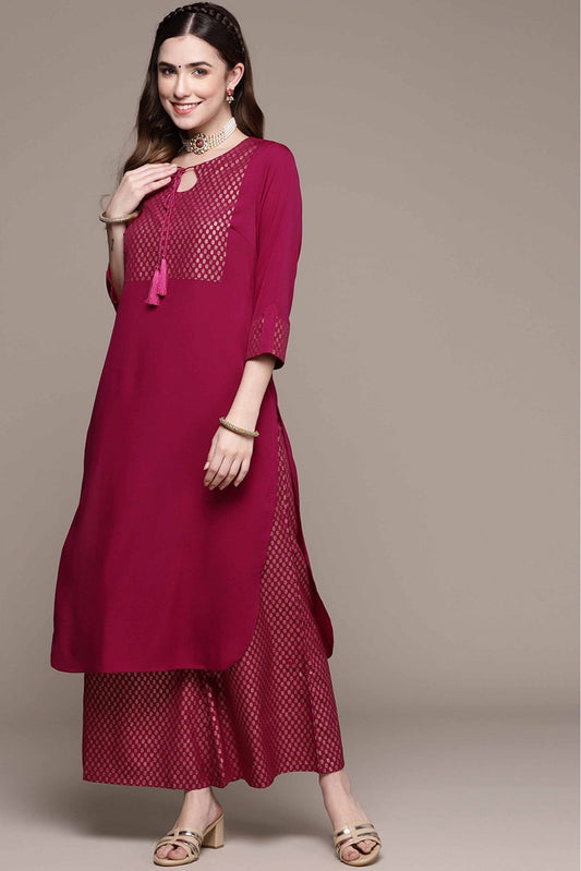 Dark Pink Colour Crepe Foil Print Kurta With Palazzo VSKR1060018