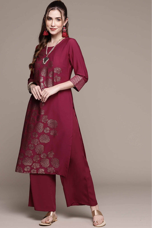 Dark Pink Colour Crepe Foil Print Kurta With Palazzo VSKR1060022