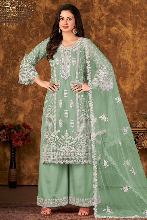 Dusty Green Colour Net Semi Stitched Palazzo Pant Suit VSSM1050338