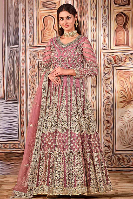 Dusty Pink Colour Net Semi Stitched Anarkali Suit VSSM1050281