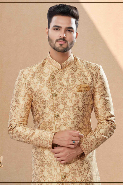 Gold Colour Dhoti Sherwani In Banarasi Jacquard Fabric VSSH1040403
