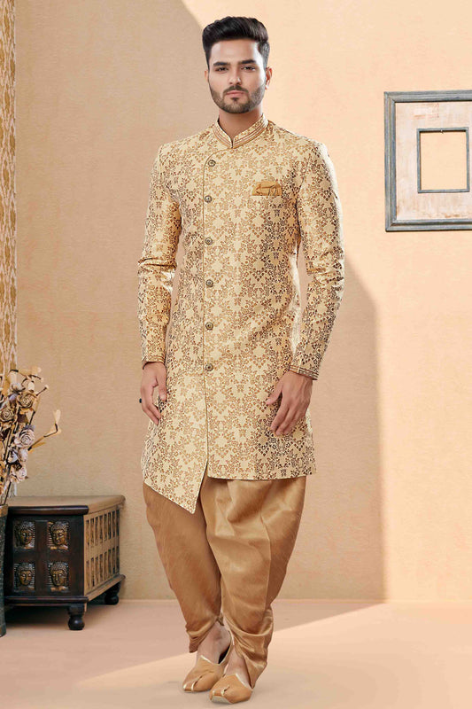 Gold Colour Dhoti Sherwani In Banarasi Jacquard Fabric VSSH1040403