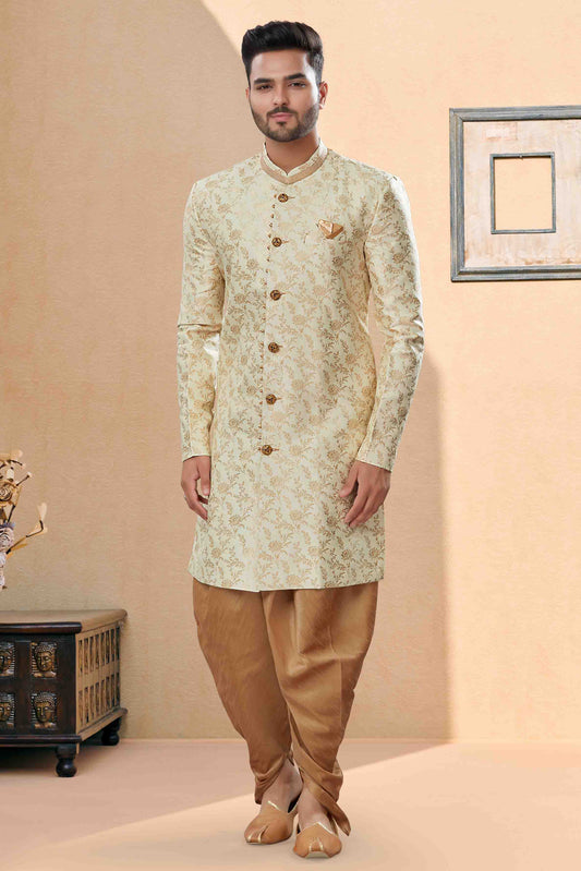 Gold Colour Dhoti Sherwani In Banarasi Jacquard Fabric VSSH1040407