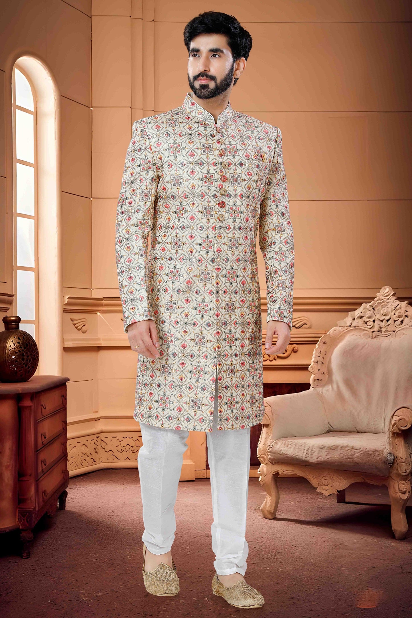 Gold Colour Indo Western In Silk Fabric VSSH1130117