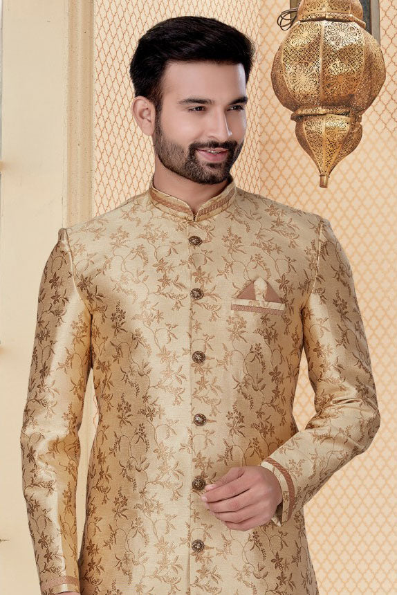 Gold Colour Jacquard Sherwani VSSH1040267