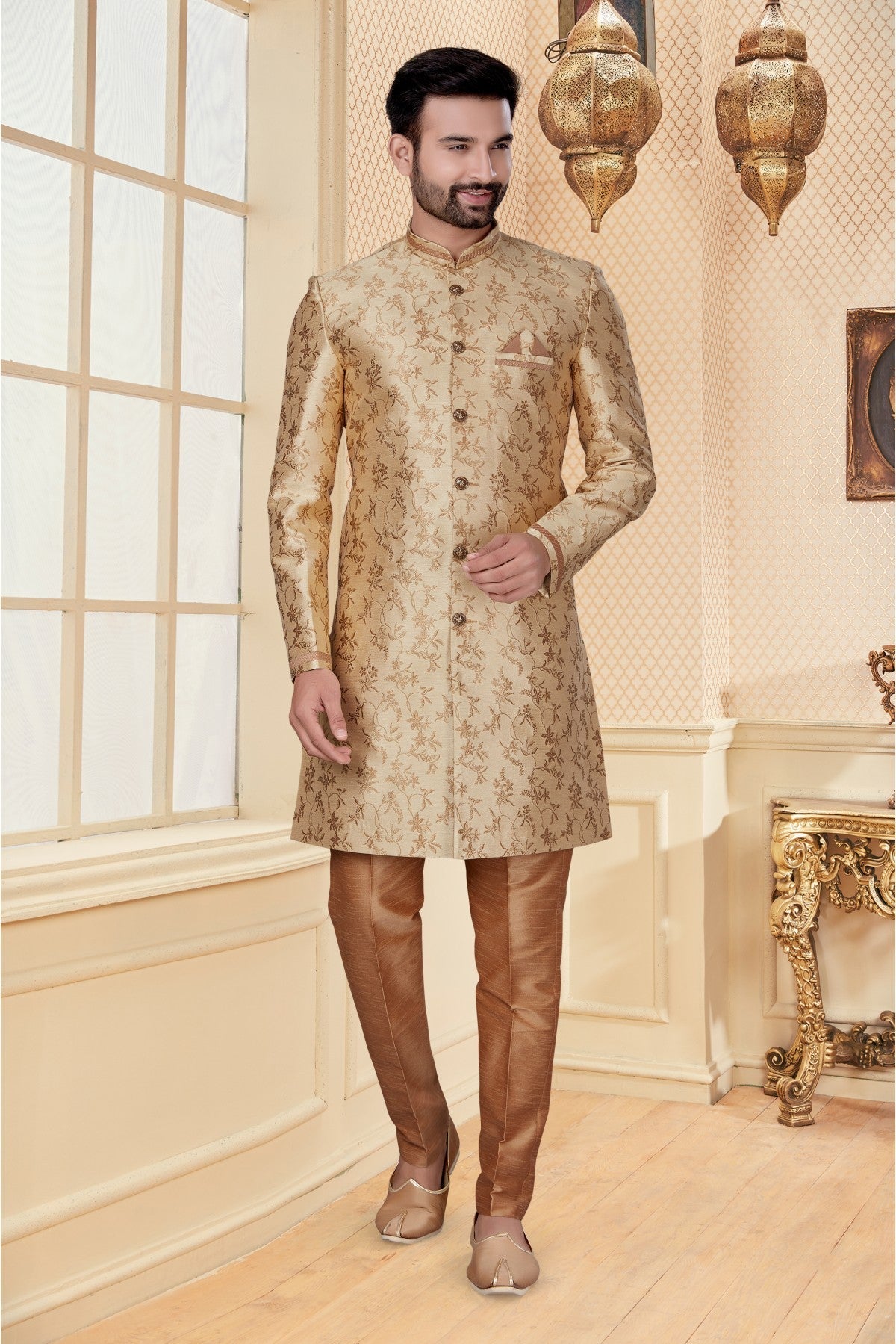 Gold Colour Jacquard Sherwani VSSH1040267