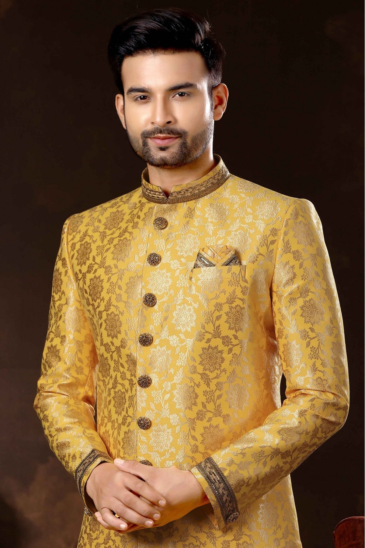 Gold Colour Jacquard Sherwani VSSH1040356