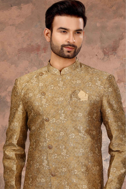 Gold Colour Jacquard Thread Work Sherwani VSSH1040353