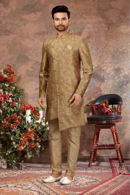 Gold Colour Jacquard Thread Work Sherwani VSSH1040353