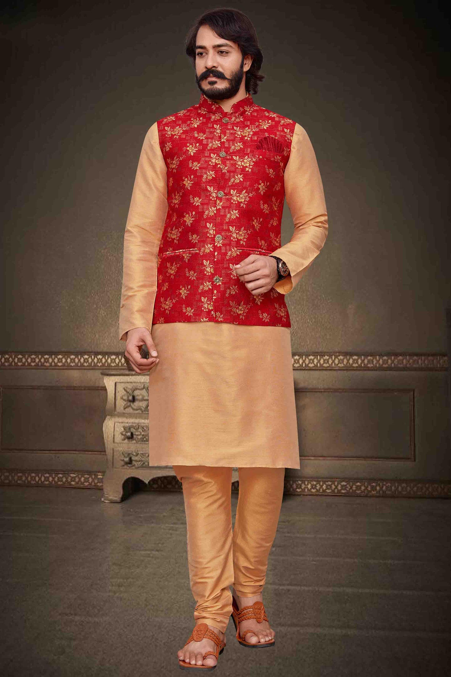 Gold Colour Kurta Pajama With Jacket In Art Silk VSKP1210323